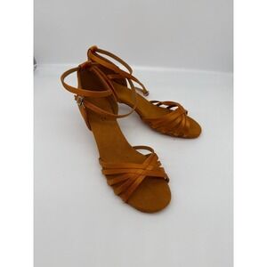 Women's Ballroom Dance Shoes Ankle Strap Criss Cross Tan Satin Heels sz 42